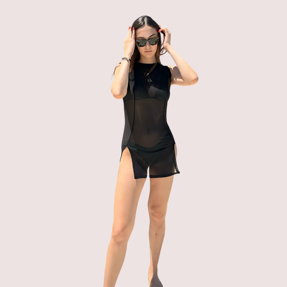 Maison Allure Sheer Black Mini Dress with Dual Open Slits Snazzyway